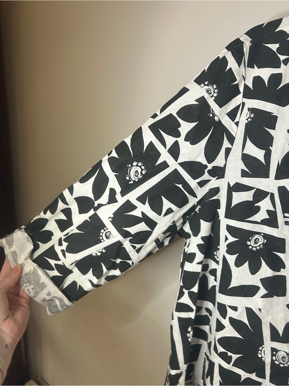 Vintage Hot Cotton Linen Geo Floral Tunic Lagenlook Art Wear USA Black White 1X - Picture 7 of 16
